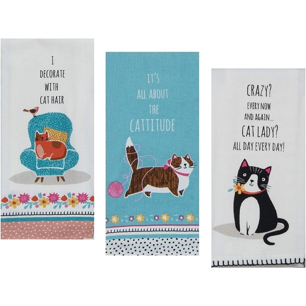 3 Cat Kitchen Hand Dish Tea Towels Funny Saying Themed Decor Set Kay Dee Designs